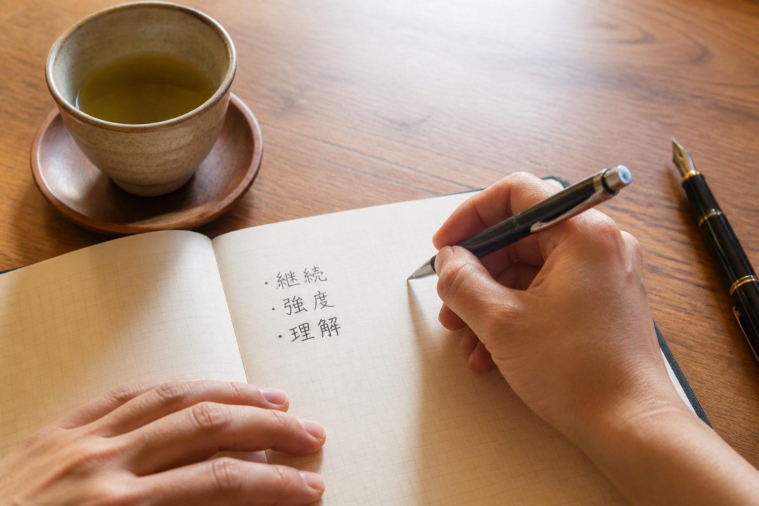 ノートに「継続」「強度」「理解」と手書きで書き込む手元
